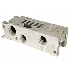 Manifold base for Valvair II series pneumatic valves. Features 1/2 in NPT ports with bottom/end porting configuration and a flow coefficient of 4.8 Cv. Used to mount and connect valves in pneumatic control systems for industrial automation.