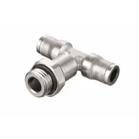 Nickel-plated brass tube fitting with M5 thread and 1 13/32 in overall length. Used to branch or combine tubing lines in pneumatic control circuits and fluid transfer systems