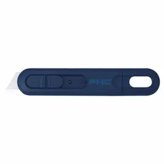 Plain-edge automatic retracting utility knife with blue plastic body, slide release button, and stainless steel standard tip. Overall length 5 1/2 inches, width 1 inch. Sold in a 10-pack. Suitable for cutting cardboard, tape, shrink wrap, and other packaging materials in warehouses and shipping departments.