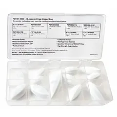 Kit of six white egg-shaped Alnico stir bars in lengths 19.05, 25.4, 31.75, 38.1, 41.28, and 50.8 mm. Used for mixing liquids in laboratory beakers and flasks, promoting efficient vortex formation in general lab applications.