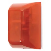 Wall-mount siren alarm with strobe light combining alert and flashing LEDs. Operates on 9V DC, connects via terminal strip. Overall width 3 1/4 in. Used for visual and audible signaling in industrial or commercial settings