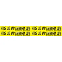 Pipe marker for ammonia piping systems carrying liquid or vapor at low pressure. Fits pipes with outside diameter 3/4 to 2-3/8 inches. IIAR system abbreviation HTRS, LIQ/VAP phase, low pressure level. Supplied as a set of 4 markers without arrows