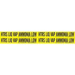 Pipe marker for ammonia piping systems carrying liquid or vapor at low pressure. Fits pipes with outside diameter 3/4 to 2-3/8 inches. IIAR system abbreviation HTRS, LIQ/VAP phase, low pressure level. Supplied as a set of 4 markers without arrows.
