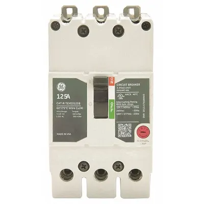 GE Molded Case Circuit Breaker: 90 A Amps, 25kA at 277/480V AC, Fixed, Lug - TEY-Frame GE Molded Case Circuit Breakers