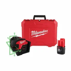 Green beam laser level projecting two cross lines and four dots for layout and alignment. Manual leveling with accuracy of ±1/8 in @ 33 ft. Suitable for construction, electrical, and HVAC tasks requiring reference points on walls, ceilings, and floors.