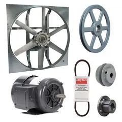 Unassembled belt-drive panel exhaust fan with drive package. Features a 24-inch blade, 1/3 hp motor delivering 5,608 cfm, and operates on 230/460V AC, 3-phase power. Constructed with a zinc-plated steel frame and cast components, the motor is totally enclosed nonventilated with Class B insulation. Suitable for general ventilation in industrial and commercial settings, such as warehouses and factories, to remove heat, fumes, and stale air.