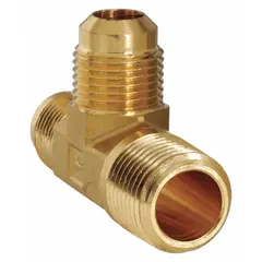 This brass flared/threaded tee fitting connects 5/8 in OD tubing to 1/2 in pipe threads, with a 45-degree flare configuration. It meets SAE J513 standards and is used to branch fluid lines in hydraulic, pneumatic, fuel, oil, and coolant systems.