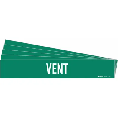 BRADY Pipe Marker: Vent, Green, White, Fits 2 1/2 to 7 7/8 in Pipe O.D., 1 Pipe Markers - Vent Adhesive Pipe Markers