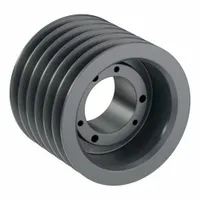 Cast-iron wedge V-belt pulley with bushed bore (SK type) for 5V or 5VX belt sections. Features 6 grooves, 5.9 in outside diameter, and 5.9 in pitch diameter (5V). Used in industrial power transmission systems such as compressors, pumps, and conveyors
