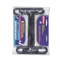 T-shaped hex key set with 8 SAE sizes, including standard and long ends. Black oxide finish for corrosion resistance. Supplied in a pouch for storage. Used for tightening or loosening hex socket screws and bolts in maintenance, assembly, and repair tasks.