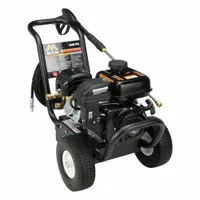 Gas-powered cold water pressure washer mounted on a cart for mobility. Delivers 2400 psi at 2.4 gpm. Rated for 20 hours of use per week. Suitable for cleaning equipment, machinery, and surfaces in industrial settings