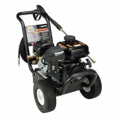 Gas-powered cold water pressure washer mounted on a cart for mobility. Delivers 2400 psi at 2.4 gpm. Rated for 20 hours of use per week. Suitable for cleaning equipment, machinery, and surfaces in industrial settings.