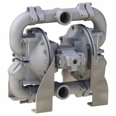 This air-operated double diaphragm pump features an aluminum housing, 2-inch NPT connections, and a maximum flow rate of 208 gpm. It is equipped with a stainless steel seat and 316 stainless steel check valves. Typical applications include fluid transfer in industrial processes where self-priming operation is required.