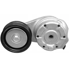 Self-adjusting belt tensioner with a single pulley, rated for heavy-duty performance. Maintains proper tension on engine accessory drive belts to reduce slippage and wear. Suitable for use in demanding vehicle applications.