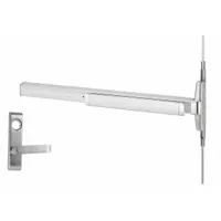 This concealed vertical rod exit device from VON DUPRIN features a touchbar push pad and lever outside trim. Finished in chrome, it is designed for doors up to 3 ft wide. The concealed vertical rods provide secure latching while maintaining a clean appearance. ADA compliant for accessible egress