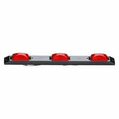 Red incandescent marker light with rectangular P2 SAE lens. Bracket mount for surface installation. Blunt cut wires for electrical connection. Used for side or rear identification and clearance lighting on trailers, trucks, and heavy equipment.