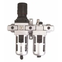 Combined filter, regulator, and lubricator unit for compressed air systems. Features 1/4 in NPT ports, 53 cfm flow capacity, 145 psi maximum operating pressure, and 40 micron filtration. Conditions air by removing particulates, regulating pressure, and adding lubrication for downstream pneumatic tools and equipment.