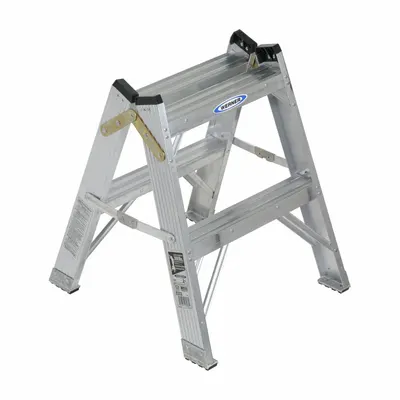 WERNER Step Stool: 3 Steps, 2 ft Overall Ht, 300 lb Load Cap, Aluminum - Dual-Side Access Folding Step Stools