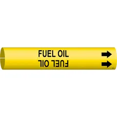 Snap-on pipe marker for identifying fuel oil lines. Yellow background with black legend and directional arrows. Fits pipe outer diameters from 2-1/2 to 3-7/8 inches. Supplied as a single marker.