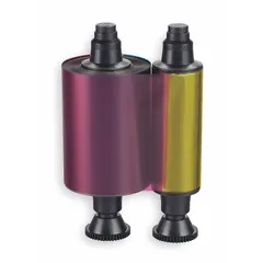Full-color ribbon for ID card printers, compatible with PVC and composite cards. Each roll yields 200 prints. Dimensions: 3 in height x 5 in width. Used for printing on ID cards in access control and identification applications.