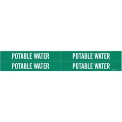 Green adhesive pipe marker with white legend reading 'Potable Water' for identifying drinking-water lines. Fits pipe outer diameters from 3/4 to 2-3/8 inches. Pack includes 4 markers without arrows. Used to distinguish potable water pipes in facility piping systems.