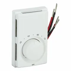 Wall-mount thermostat for controlling electric wall and ceiling heaters. Features a mechanical selector dial with a control range of 45° to 75°F and a contact rating of 22A at 120 to 277V AC. Two-pole design, includes mounting hardware. Suitable for commercial and industrial heating applications requiring manual temperature adjustment.