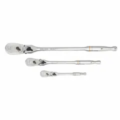 This GEARWRENCH flex-head ratchet features a reversible pear-head design with a full polish chrome finish. With a 4° minimum arc swing, it is suited for tightening and loosening fasteners in confined or angled spaces. The non-magnetic construction makes it appropriate for applications where magnetic interference must be avoided.