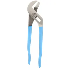 Flat-jaw tongue and groove pliers with serrated groove joint. Overall length 9 1/2 in, maximum jaw opening 1 1/2 in. Used for gripping and turning nuts, pipes, and fittings in plumbing and general maintenance.