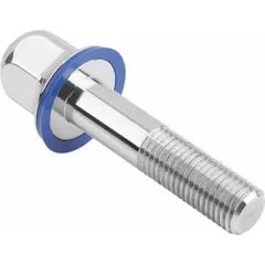 Stainless steel crowned hygienic flanged hex head bolt with a pre-mounted FDA-approved sealing washer. Partially threaded M16 with a minimum 38 mm thread length. Designed for sanitary applications requiring a secure, sealed connection in washdown environments.