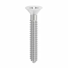 Flat-head concrete screw anchor with 1/4 in diameter, 410 stainless steel construction, and Phillips drive. Removable design for light- to medium-duty fastening into concrete, brick, or block. Suitable for outdoor or damp environments due to corrosion resistance. Supplied in a 100-pack.