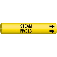 Pipe marker for steam piping systems. Yellow background with black 'Steam' legend and directional arrows. Snap-on design fits pipe outer diameters from 2-1/2 to 3-7/8 inches. Single marker provides clear identification for steam lines in industrial facilities.