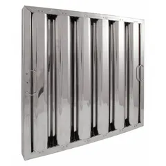 Aluminum baffle filter for use in commercial ventilation systems, such as restaurant exhaust hoods and industrial kitchen ventilation. Compatible with manufacturer part numbers 6KWK8, 6KWK9, and 6KWL1. Helps trap grease and particles to improve air quality and reduce fire risk.