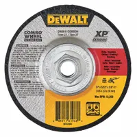 This DEWALT Elite cut-off wheel is a Type 27 depressed center design with a 5-inch diameter, 3/32-inch thickness, and 5/8"-11 arbor. Made of ceramic with 24 grit, it is intended for cool-cutting on carbon and stainless steel in metal fabrication, construction, and maintenance tasks