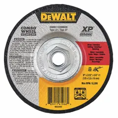 This DEWALT Elite cut-off wheel is a Type 27 depressed center design with a 5-inch diameter, 3/32-inch thickness, and 5/8"-11 arbor. Made of ceramic with 24 grit, it is intended for cool-cutting on carbon and stainless steel in metal fabrication, construction, and maintenance tasks.