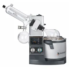 Motorized lift rotary evaporator with 5 L capacity, speed range 10-280 RPM, and 1300 W heating capacity. Features a 5-inch touch display for controlling rotation, vacuum, and cooling temperature. Includes vacuum controller and G1 diagonal condenser glassware. Suitable for solvent removal in laboratory applications.