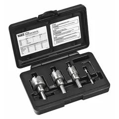 This 4-piece hole cutter kit from KLEIN TOOLS features carbide-tipped cutters for cutting clean holes in metal. Each cutter has a maximum cutting depth of 1 inch and is not impact rated. Suitable for use on electrical enclosures, panels, and sheet metal in industrial and commercial settings.