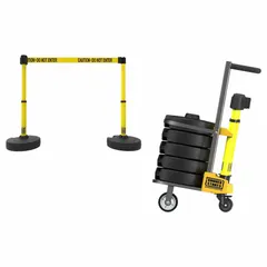 This mobile retractable belt barrier system includes four black/yellow posts and five round flat fillable bases. Each post features a 15 ft yellow message belt printed with 'Caution Do Not Enter'. Used for pedestrian traffic control and temporary access restriction in areas requiring visible, stable crowd management without permanent installation.