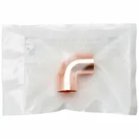 Wrot copper sweat elbow with cup x cup connections and no center stop. Designed for soldered joints in copper tube systems. Clean and bagged for immediate use