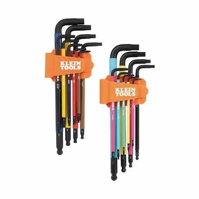 KLEIN TOOLS: 16 or More Pieces, L, Metric and SAE, Single Ball End, Extra Long - Color-Coded Hex Key Sets