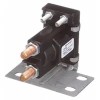 This DC power solenoid is a single-pole single-throw normally open contactor rated for continuous duty. It operates with a 24 V DC coil and features four terminals: #10-32 coil termination and 5/16 in-24 contact termination. Typical applications include switching high-current DC loads in battery banks, industrial controls, and vehicle electrical systems