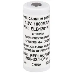 Nickel Cadmium battery rated at 1.2 V and 1 Ah capacity. Overall height 1 3/4 in, overall depth 3/4 in. Used as a backup power source for emergency exit signs and egress lighting fixtures.
