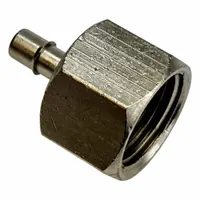 Nickel-plated brass barbed tube fitting with FNPT female thread on one end and barbed tube connection on the other. Used to join flexible tubing to threaded pipe ports in fluid handling systems