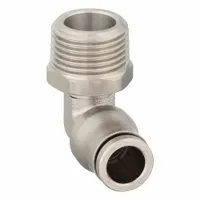 This nickel-plated brass elbow fitting connects 8 mm OD tubing to a 3/8" MBSPT threaded port via a push-to-connect mechanism. Suitable for pneumatic and fluid systems requiring leak-free connections in industrial automation, air lines, and instrumentation