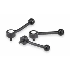 This low-profile adjustable tension lever features a threaded stud for manual clamping and positioning in jigs, fixtures, and machinery. Made of steel, it has a 5/16"-18 thread, 50 mm thread length, and 102 mm overall length. The design allows tool-free adjustment in confined spaces.