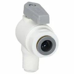 Polypropylene ball valve with full port design, lever handle, and angle configuration. Features Push x MNPT connections. NSF 51 compliant. Used for manual on/off flow control in fluid-handling systems.