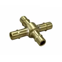 Nickel-plated brass barbed cross fitting with four 5/32 in ID beaded barb ports. Used to split or combine tubing in fluid or pneumatic systems for air, water, or low-pressure fluids