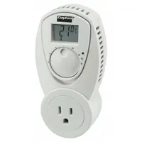 This nonprogrammable thermostat controls portable heaters by switching on or off based on room temperature. It features a digital display, thermistor sensor, and SPST open-on-rise switch action. The temperature control range is 5° to 35°C with a 1°F differential. The PVC enclosure is not rated
