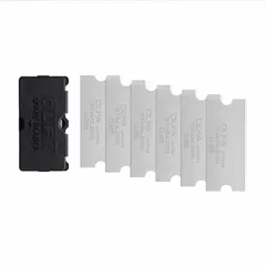 This replacement scraper blade is made of stainless steel for corrosion resistance. It has a standard end and measures 1 9/16 inches in both overall width and length. Suitable for removing paint, adhesive, and residue from flat surfaces in maintenance and renovation tasks.