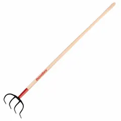 This agricultural and garden fork features a steel head and a straight 60-inch wood handle. It is used for moving manure, refuse, and heavy organic materials in barns, stables, and landscaping applications.