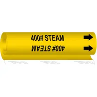 Yellow wrap-around pipe marker with black legend '400# Steam' and directional arrows. Fits pipe outer diameters from 1-1/2 to 2-3/8 inches. Used to identify pipes carrying 400 psi steam in industrial piping systems